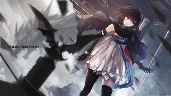 Anime picture 1228x690 with original pixiv fantasia pixiv fantasia fallen kings paradise (character) swd3e2 single long hair looking at viewer red eyes brown hair wide image fantasy girl thighhighs dress gloves black thighhighs animal black gloves elbow gloves