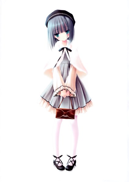 Anime picture 4960x7015 with love kano tinker bell single tall image blush highres short hair black hair simple background white background green eyes absurdres loli girl dress bag beret