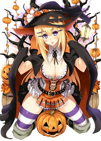 Anime picture 715x1000 with cu-no hakurei botan hisenkaede single long hair tall image looking at viewer blush light erotic blonde hair purple eyes cleavage halloween witch girl thighhighs dress hat witch hat striped thighhighs