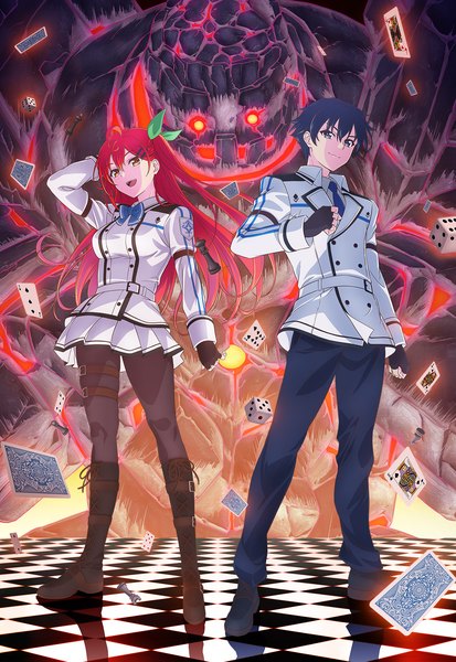 Anime picture 1244x1808 with kami wa game ni ueteiru leoleshea fay theo philus long hair tall image fringe short hair open mouth blue eyes hair between eyes standing yellow eyes blue hair full body ahoge red hair :d official art one side up arm behind head