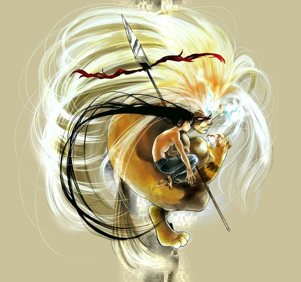 Anime picture 1000x938 with ushio to tora tora (ushio to tora) aotsuki ushio trd blue eyes black hair simple background looking away very long hair profile barefoot magic brown background embryo's pose boy weapon monster spear jeans