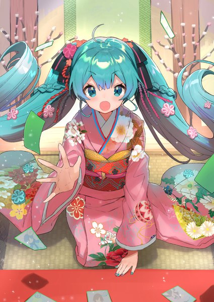 Anime picture 724x1023 with hatsune miku graphy collection vocaloid hatsune miku hayama eishi single long hair tall image looking at viewer blush fringe open mouth hair between eyes sitting twintails full body outdoors braid (braids) traditional clothes japanese clothes aqua eyes