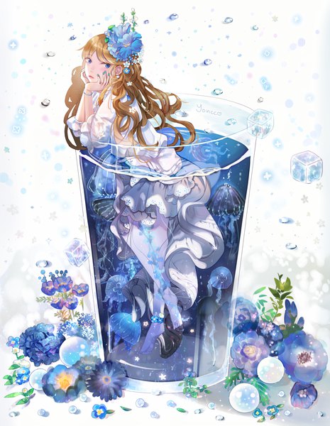 Anime picture 994x1283 with original yoncco single long hair tall image blue eyes blonde hair looking away bent knee (knees) nail polish barefoot hair flower fingernails leaning girl dress flower (flowers) earrings petals water