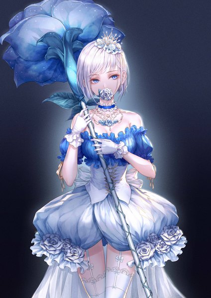 Anime-Bild 1448x2048 mit original jeongslwjd08 single tall image fringe short hair blue eyes simple background bare shoulders holding looking away cleavage silver hair dark background covered mouth flower in mouth girl thighhighs gloves flower (flowers)