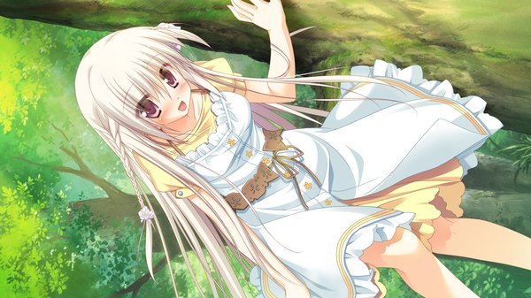 Anime picture 2560x1440 with 1/2 summer kaminogi ushio sesena yau long hair blush highres open mouth red eyes wide image game cg white hair girl dress plant (plants) tree (trees)