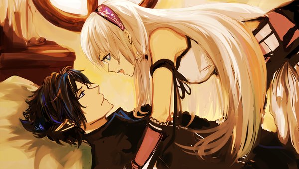 Anime picture 1151x653 with original pancake-waddle long hair short hair open mouth blue eyes black hair wide image white hair indoors lying profile pointy ears couple eye contact girl boy hairband bed