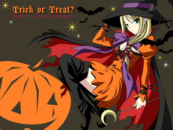 Anime picture 1024x768 with ratman - the smallest hero!? mizushima mirea (ratman) inui sekihiko single long hair looking at viewer blonde hair green eyes halloween witch happy halloween trick or treat girl hat animal cloak witch hat vegetables clothes bat