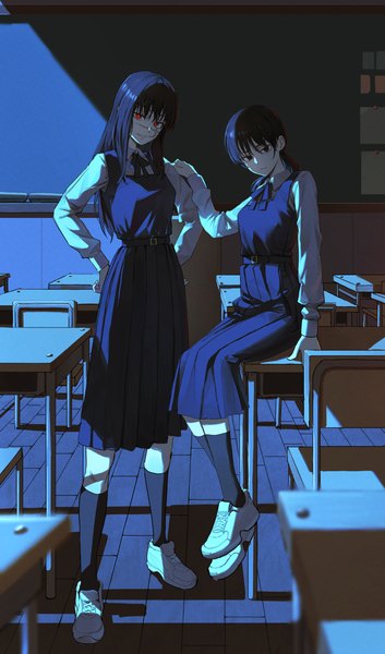 Anime picture 2879x4897 with chainsaw man mappa mitaka asa yoru (chainsaw man) war devil (chainsaw man) pigone long hair tall image looking at viewer fringe highres black hair hair between eyes red eyes sitting multiple girls full body indoors long sleeves pleated skirt