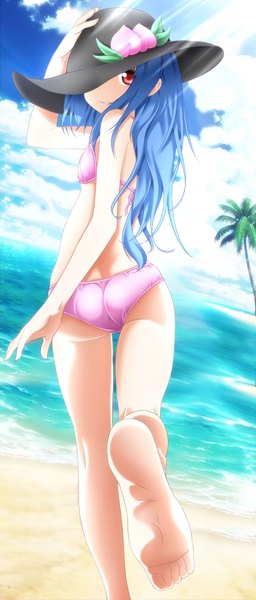 Anime picture 641x1500 with hataraku maou-sama! touhou white fox hinanawi tenshi evandragon single long hair tall image looking at viewer light erotic red eyes blue hair cloud (clouds) looking back barefoot legs beach derivative work girl swimsuit