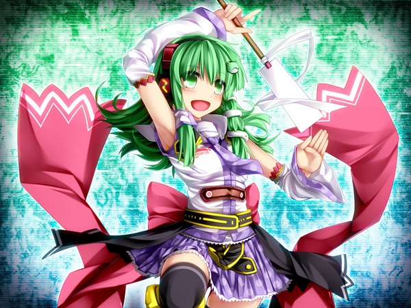 Anime picture 1600x1200 with touhou kochiya sanae kazetto (kazetsuto) single long hair blush open mouth green eyes green hair girl thighhighs skirt hair ornament black thighhighs detached sleeves miniskirt headphones ofuda