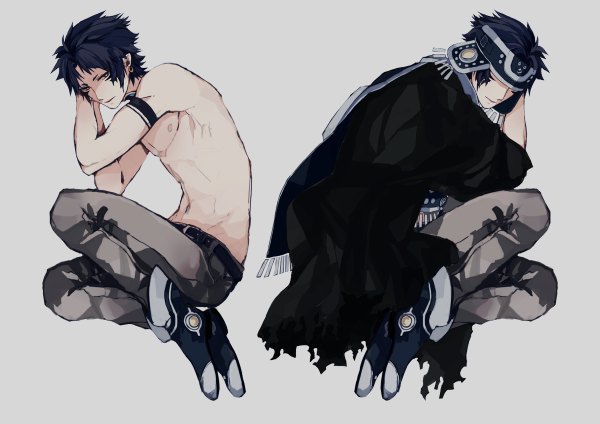 Anime picture 1200x848 with dramatical murder nitro+chiral ren (dmmd) tagme (artist) short hair black hair simple background white background bare shoulders yellow eyes tattoo dual persona boy
