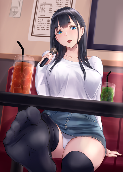 Anime picture 2590x3624 with original nyanko kaitou single long hair tall image highres breasts open mouth blue eyes light erotic black hair large breasts sitting holding indoors head tilt :d pantyshot no shoes soles