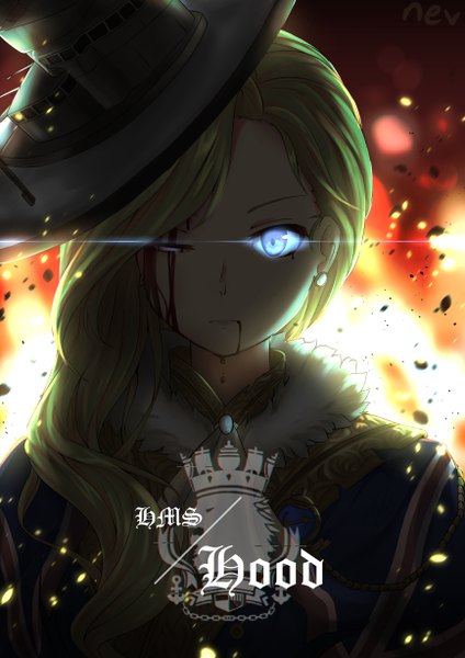 Anime picture 868x1228 with azur lane hood (azur lane) nev (nevblindarts) single long hair tall image looking at viewer blue eyes blonde hair standing signed upper body one eye closed inscription fur trim character names glowing glowing eye (eyes) blood on face explosion