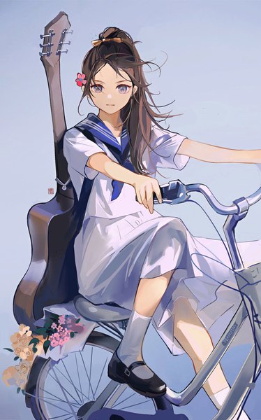 Anime picture 1278x2048 with original xiao00417 single long hair tall image looking at viewer simple background brown hair purple eyes ponytail hair flower girl uniform flower (flowers) socks serafuku shoes white socks ground vehicle musical instrument