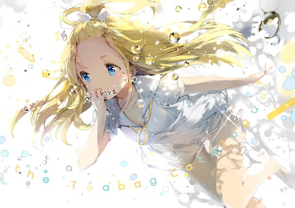 Anime picture 1228x868 with original anmi single long hair blush blue eyes blonde hair smile looking away barefoot sunlight inscription bare legs no shoes puffy sleeves underwater girl hair ornament wings water