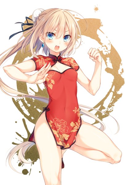 Anime picture 868x1282 with original toosaka asagi single tall image looking at viewer blush fringe breasts open mouth blue eyes light erotic blonde hair very long hair traditional clothes bare legs short sleeves hair bun (hair buns) chinese clothes cleavage cutout fighting stance