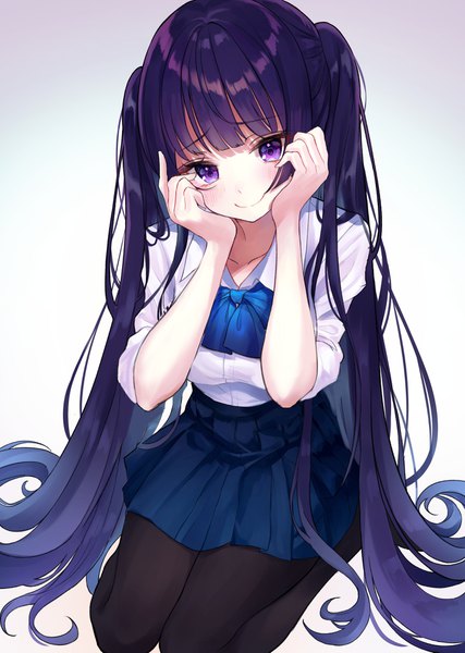 Anime picture 2894x4070 with original nabi (uz02) single tall image looking at viewer blush fringe highres breasts simple background smile sitting twintails purple eyes purple hair blunt bangs very long hair head tilt pleated skirt gradient background