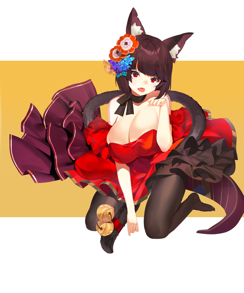 Anime picture 2922x3508 with azur lane yamashiro (azur lane) naeun (pinky1866) single tall image looking at viewer blush fringe highres short hair breasts open mouth light erotic simple background red eyes brown hair bare shoulders animal ears cleavage full body