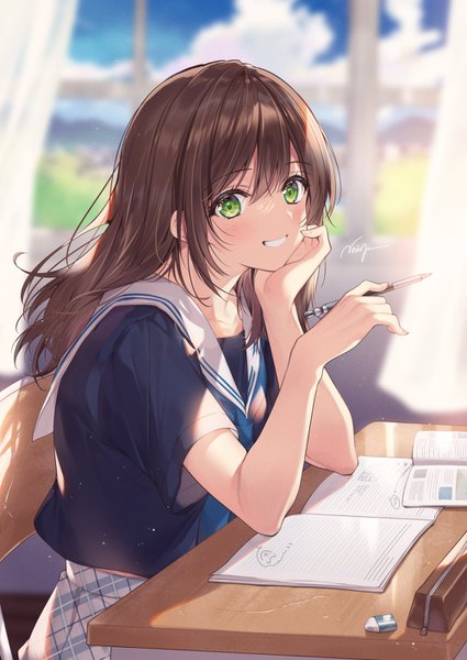 Anime picture 1000x1412 with original necomi (gussan) single long hair tall image looking at viewer blush fringe smile hair between eyes brown hair holding green eyes signed sky cloud (clouds) indoors blurry short sleeves depth of field