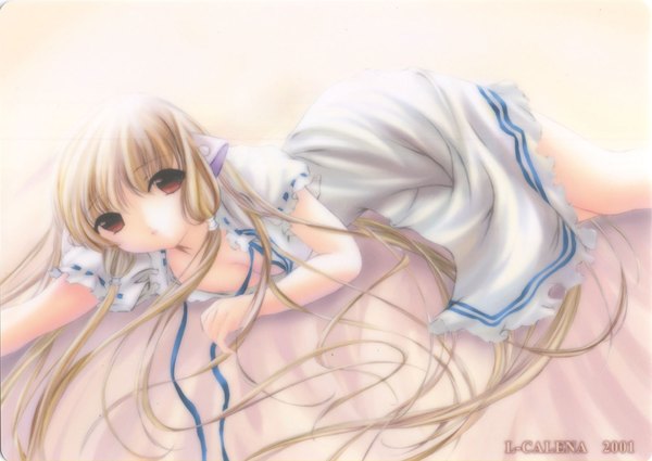Anime picture 1500x1063 with chobits chii single long hair looking at viewer breasts blonde hair red eyes lying very long hair girl dress ribbon (ribbons) white dress