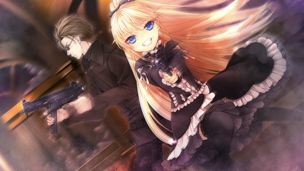 Anime picture 2048x1152 with negai no kakera to hakugin no agreement jessica francoise magritte manyako (mohumohu) long hair highres blue eyes blonde hair smile brown hair wide image game cg loli lolita fashion girl thighhighs dress boy weapon black thighhighs gun