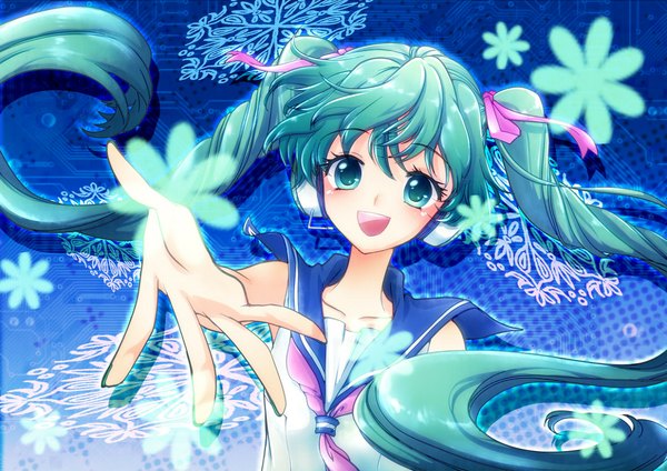 Anime picture 1132x800 with vocaloid hatsune miku imahia (artist) single long hair open mouth twintails aqua eyes aqua hair outstretched arm girl ribbon (ribbons) sailor suit