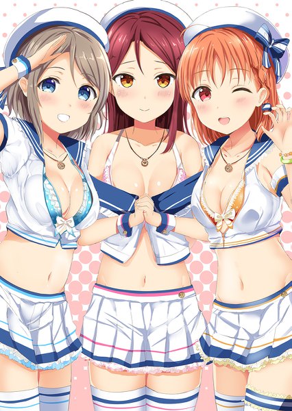 Anime picture 853x1200 with love live! sunshine!! sunrise (studio) love live! sakurauchi riko watanabe you takami chika morerin long hair tall image looking at viewer blush short hair breasts open mouth blue eyes light erotic smile red eyes brown hair bare shoulders