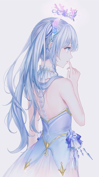 Anime picture 800x1432 with original lium single long hair tall image fringe blue eyes hair between eyes standing white background twintails bare shoulders payot blue hair looking away parted lips profile from behind back finger to mouth