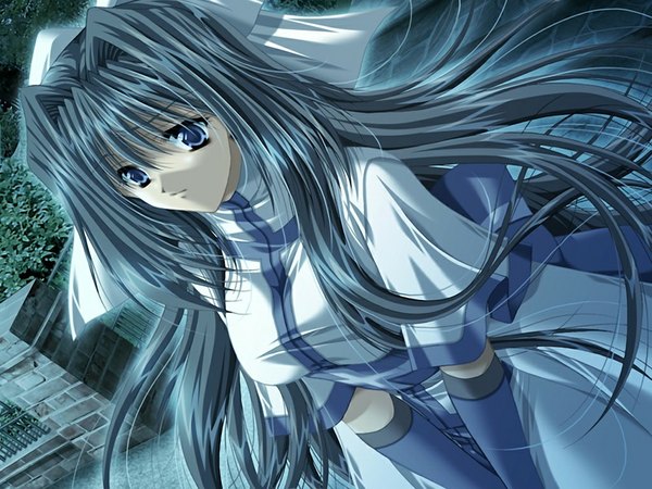 Anime picture 1024x768 with double (game) long hair blue eyes black hair game cg girl gloves elbow gloves