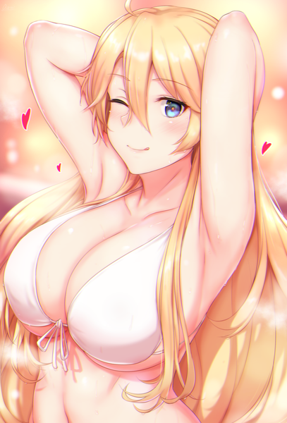 Anime picture 814x1200 with kantai collection iowa (kantai collection) osterei single long hair tall image looking at viewer fringe breasts blue eyes light erotic simple background blonde hair hair between eyes large breasts cleavage upper body ahoge one eye closed light smile