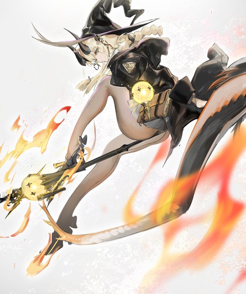 Anime-Bild 1500x1790 mit arknights reed (arknights) reed the flame shadow (arknights) reed the flame shadow (curator) (arknights) koio single long hair tall image light erotic blonde hair full body bent knee (knees) ass tail horn (horns) high heels legs girl hat pantyhose