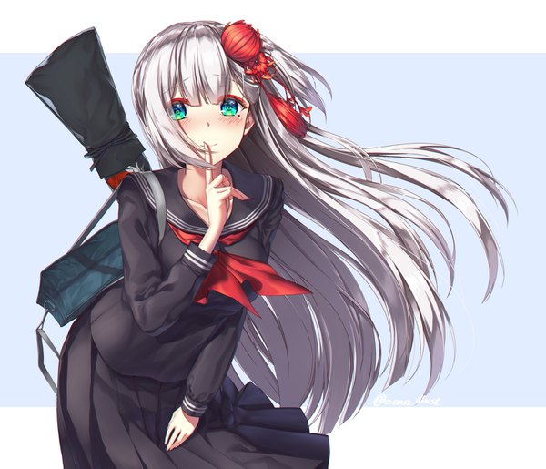 Anime picture 1499x1287 with azur lane shoukaku (azur lane) aono meri single long hair looking at viewer blush fringe blue eyes simple background smile hair between eyes standing signed silver hair pleated skirt wind mole leaning alternate costume