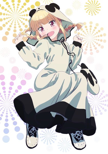 Anime picture 1440x2047 with new game! doga kobo iijima yun pink x single tall image fringe short hair open mouth simple background blonde hair smile payot full body bent knee (knees) blunt bangs braid (braids) long sleeves twin braids animal hood