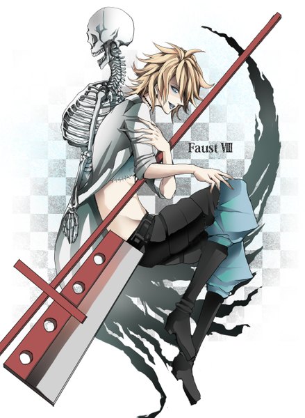 Anime picture 1024x1400 with shaman king xebec johann faust viii n-jou (princealbert) single tall image short hair blue eyes blonde hair full body character names checkered twisty sleeves skeleton boy thigh boots cloak huge weapon