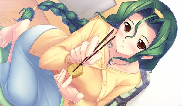 Anime picture 1024x600 with kimi ga ita kisetsu long hair wide image brown eyes game cg braid (braids) green hair girl