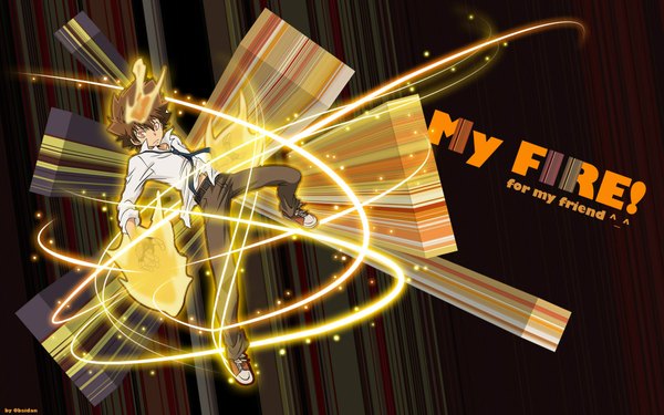 Anime picture 1920x1200 with katekyou hitman reborn sawada tsunayoshi highres brown hair wide image orange eyes brown background boy shirt necktie fire flame