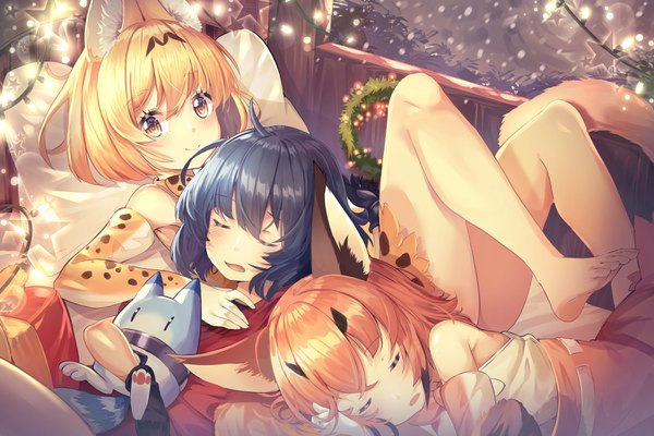 Anime picture 3600x2400 with kemono friends serval (kemono friends) kaban (kemono friends) lucky beast (kemono friends) caracal (kemono friends) animal ears (artist) looking at viewer blush fringe highres short hair open mouth light erotic blonde hair smile hair between eyes multiple girls animal ears blue hair absurdres