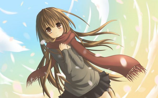 Anime picture 1920x1200 with single highres brown hair wide image brown eyes sky skirt scarf red scarf