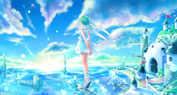 Anime picture 2600x1406 with vocaloid gumi sakakidani single highres short hair wide image standing sky cloud (clouds) green hair from behind hands behind back horizon morning sunrise girl dress water shoes