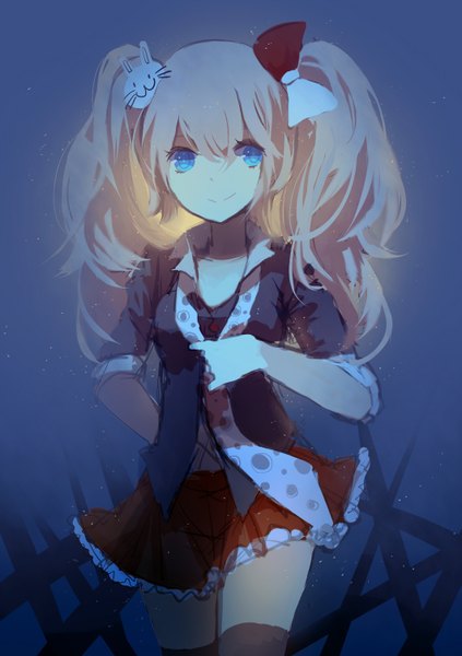 Anime picture 1061x1506 with dangan ronpa enoshima junko prophet chu single long hair tall image looking at viewer blush blue eyes simple background blonde hair smile twintails hands behind back girl thighhighs skirt uniform hair ornament bow