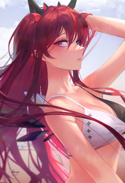 Anime picture 1500x2200 with virtual youtuber hololive hololive english irys (hololive) handot (d yot ) single long hair tall image looking at viewer fringe breasts blue eyes hair between eyes purple eyes signed sky upper body red hair parted lips profile