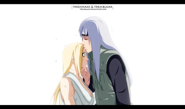 Anime picture 1256x739 with naruto studio pierrot naruto (series) tsunade dan (naruto) tremblax long hair blonde hair wide image white background yellow eyes silver hair ponytail eyes closed profile coloring letterboxed kiss hokage forehead kiss