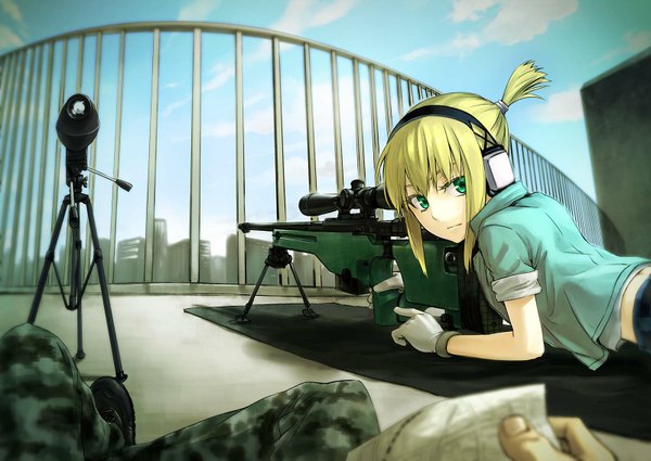 Anime picture 1600x1134 with material sniper iris (material sniper) gou (double trigger) looking at viewer short hair blonde hair green eyes sky ponytail lying open clothes open shirt camouflage girl white gloves headphones gun fence sniper rifle spyglass