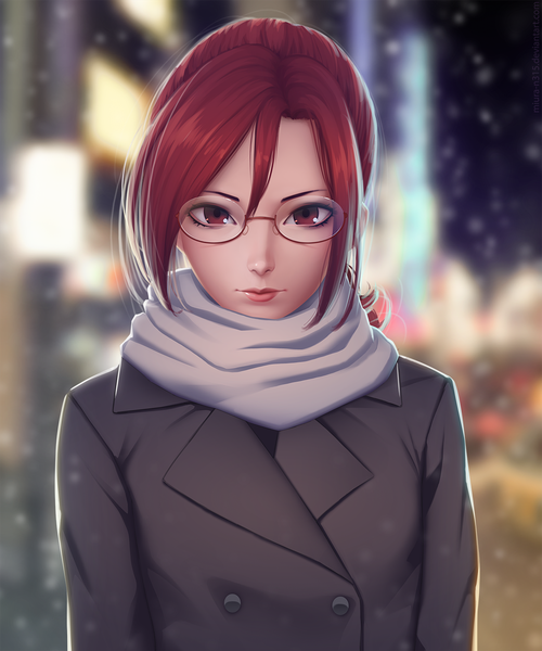 Anime picture 1280x1536 with kara no kyoukai type-moon aozaki touko miura-n315 single long hair tall image looking at viewer fringe hair between eyes red eyes red hair lips blurry realistic depth of field snowing girl glasses scarf