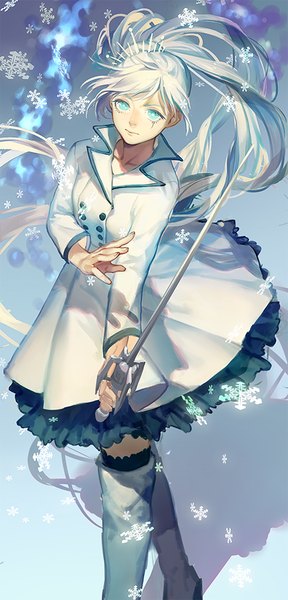 Anime picture 455x945 with rwby rooster teeth weiss schnee yuukaku single tall image looking at viewer fringe holding white hair ponytail very long hair aqua eyes from above leaning outstretched arm facial mark glowing scar walking