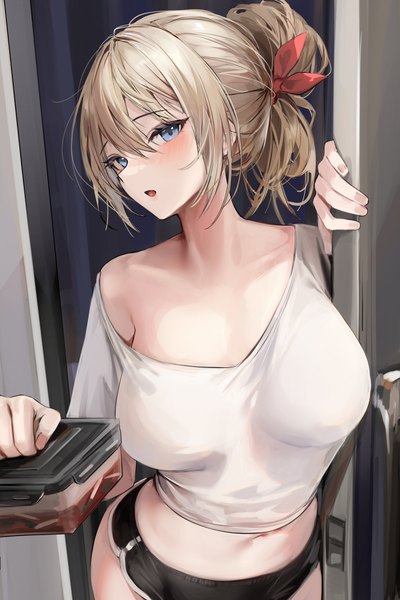 Anime-Bild 2731x4096 mit original lillly single tall image looking at viewer blush fringe highres short hair breasts open mouth blue eyes light erotic blonde hair hair between eyes large breasts standing holding indoors head tilt