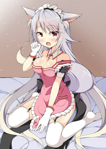 Anime picture 612x859 with original kankitsu238 single long hair tall image looking at viewer blush fringe breasts open mouth light erotic red eyes large breasts sitting bare shoulders animal ears purple hair bent knee (knees) tail braid (braids)