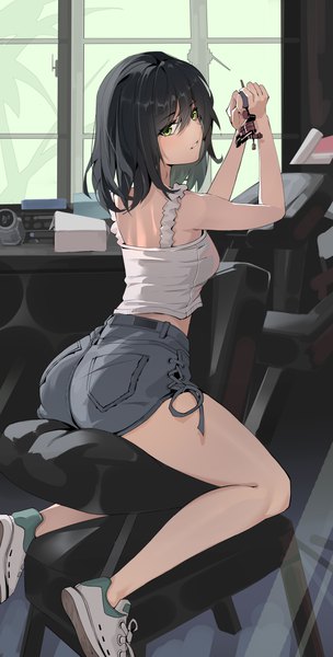 Anime picture 2007x3957 with original lazy dog 916513884 single tall image fringe highres short hair light erotic black hair hair between eyes bare shoulders green eyes ass indoors looking back bare legs thighs arched back girl shoes
