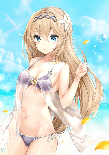 Anime picture 800x1130 with granblue fantasy jeanne d'arc (granblue fantasy) ero waifu single long hair tall image blush breasts blue eyes light erotic blonde hair large breasts standing sky cloud (clouds) outdoors hair flower arm up wind beach