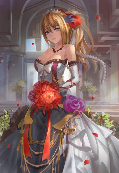Anime picture 1800x2614 with warship girls r lexington (warship girls r) magician (china) single long hair tall image looking at viewer highres blue eyes blonde hair smile bare shoulders holding ponytail indoors revision girl dress gloves flower (flowers)